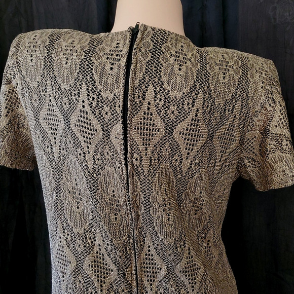 80's Vintage SHAIR AIDE Cocktail Dress CROCHET GOLD LACE Flapper Fringe SIZE 10 - Picture 7 of 10